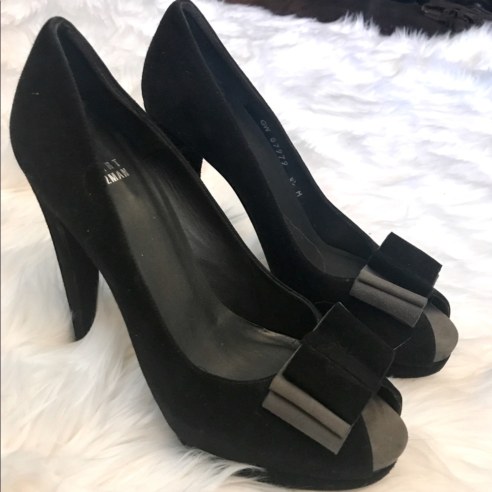 Stuart Weitzman Suede Bow Peep-Toe Heels